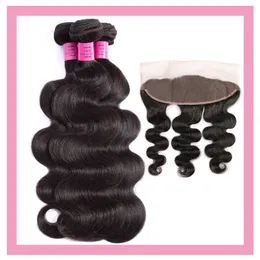 Indian Raw Virgin Hair Extensions Natural Color 4 Pieces/Lot Body Wave Bunds med 13x4 spets front med babyhårprodukter 8-30 tum