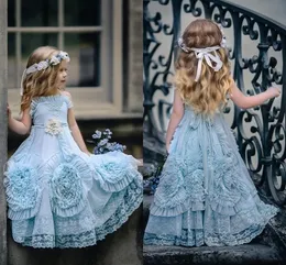 2020 Halter Neck Baby Blue Flower Girl Dresses For Wed Special Occasion Ruffled Floor Length Lace Party Communion Dresses for toddler