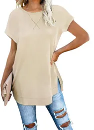ファームソリッドカラー半袖シャツファッショントレンドラウンドネックプラスサイズスプリットフロントとバックTシャツデザイナー女性ドロップショルダーティートップス