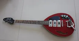 Kort skala Hutchins Brian Jones Vox Teardrop vin röd elektrisk gitarr semi ihålig kropp, lite Bigs Bridge, singel f hål, 3 pickup, krom hårdvara