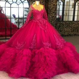 2020 Fuchsia Ball Gown Prom Dresses Sheer Jewel Neck Long Sleeve Lace Appliques Ruffes Tiered Skirts Black Girls Homecoming Evening Gowns