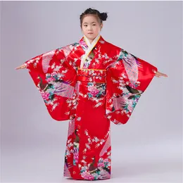 110-150cm Babyflickor Japanska Kimono Dress Peacock Mönster Broderi med Obi Barnflickor Badkläder Loose Yukata Outwear