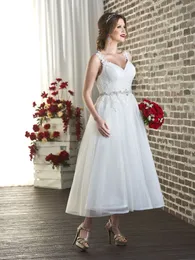 Te Längd 1950s Korta bröllopsklänningar med band V Neck Beaded Lace Appliques Ruched Tulle Informal Vintage Short Bridal Gowns
