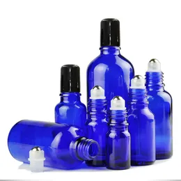 5 10 15 20 30 50 ml szklana butelka butelki kobalt niebieski olejki eteryczne butelki z wałkiem ze stali nierdzewnej Rolka olejku eterycznego na butelkach
