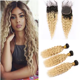 Wet and Wavy Ombre Blonde Human Hair Lace Closure 4x4 with Bundles #1b 613 Ombre Peruvian Water Wave Hair Weaves 3Bundles with Closure