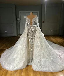 Luksusowe Syrenki Suknie Ślubne Z Odpinaną Spódnicą Kwiatowy Appliqued Koronki Perły Suknia Ślubna Sweep Pociąg Custom Made Vestidos de Novia
