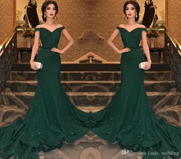 Dark Green Sequined Evening Dresses Pretty Mermaid Off Shoulders Celebrity Holiday Women Wear Formal Party Prom Gowns Custom Made Plus Size
