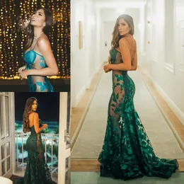 Attractive Dark Green Mermaid Prom Dresses Spaghetti Straps Lace Evening Gowns Plus Size Sweep Train Formal Dress