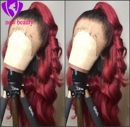 Högtemperaturfiber 360 Frontal Long Body Wave Full Hair Wigs Ombre Burgundy Färg Syntetisk Lace Front Wig för kvinnor med gratis del