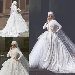 Muslim Dresses Long Sleeves Covered Buttons Lace Applique Tiered Skirt Sweep Train High Neck Arabic Wedding Gown Custom Made