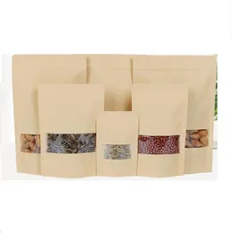 Thicken Stand Up Kraft Paper Zip Bags for Coffee Nuts Snack Tea Packaging Storage Pouches with Window