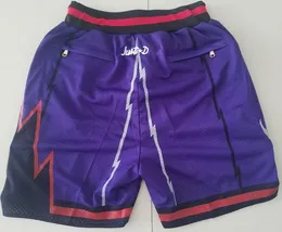 Nytt team 98-99 Vintage BaseKetball Shorts Zipper Pocket Running kläder Purple and White Stripe Color Just Done Size S-XXL