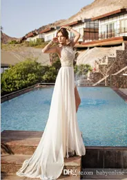 Abiti da sposa tubino bohémien Una linea scollo all'americana senza schienale lato alto spacco appliques abiti da sposa in chiffon di pizzo da spiaggia CPS231267u