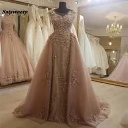 Elegant Champagne Lace Mermaid Prom Dresses With Detachable Train Pretty Lace 3D Flower Long Abiye Prom Gowns Robe De Soiree