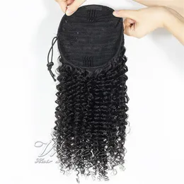 No Shedding Peruvian Virgin Ponytails Clips Elastic Band Ties Drawstring Natural Black 3A 3B 3C Kinky Curly Real Human Hair Extensions