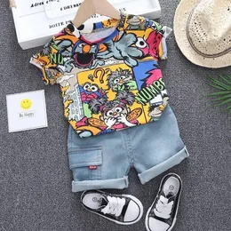 Baby Clothes Graffiti Boys Summer Suit Short-sleeved Top + Denim Shorts Two-piece Set Children Half-sleeved Pants Korean Version CY200516