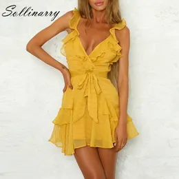 Sollinarry Women Dress Green Sexy Chiffon Abito casual Bohemian Beach Party Dress Solid Ruffles Giallo Dressvestidos J190619