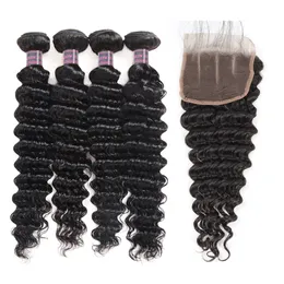 Indian Deep Wave Human Hair Bundles With Closure Peruvian Hair 4 Bundles Malaysian Body Wave Kinky Curly Hair Extensions