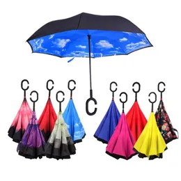 41 renkler Güneşli Ve Yağmurlu Şemsiye Windproof Ters Katlama Çift Katmanlı Ters Şemsiye Öz Standı Inside Out Yağmur Koruma C-Kanca Han