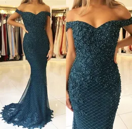 Luxurious Mermaid Off Shoulder Prom Evening Dresses Sexy Back With Button Lace Appliques Beaded Special Occasion Elegant Celebrity Dress