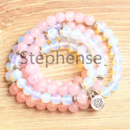 MG0644 Quarzo rosa Opale 108 Mala Yoga Bracciale Handmade Lotus Charm Buddish Yoga Mala Bracciale Moda Yogi Gioielli per le donne