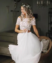 Sexy duas peças praia estilo country uma linha vestidos de casamento chiffon manga curta boho rendas boêmio vestidos de noiva vestido de casamento robes2590