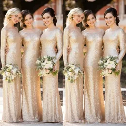 Sequins Sparkly Gold Bridesmaid Dresses Long Sleeves Scoop Neck Sweep Train 2020 Simple Country Wedding Maid Of Honor Gown Plus Size