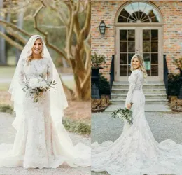 Vintage Syrenki Suknie Ślubne Klejnot Neck Długim Rękawem Koronkowe Aplikacje Backless Suknie Ślubne Kraj Suknia Ślubna Robe de Mariée