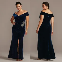 Navy Blue Mermaid Veet Evening Dresses Off The Shoulder Beaded Side Split Prom Gowns Floor Length Plus Size Formal Dress 415