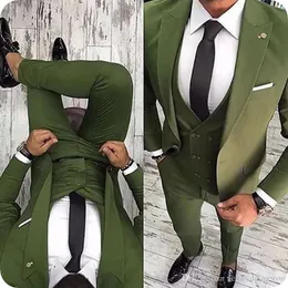 Düğün Suit İş Slim Fit Casual Smokin Damat Balo Sağdıç Blazer İçin Yakışıklı Custom Made Yeşil Ordu Men Suits (Ceket + Pantolon + Yelek)