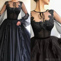 Poet Black Long Sleeves Prom Dresses Lace Applique Beaded Jewel Ruffles Tiered Skirt Custom Made Graduation Ball Gown Formal Evening Wear