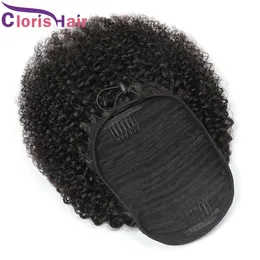 Kinky Curly Clips Slostring Ponytail 8 "-22" Peruwiański Dziewiczy Human Włosy Ponytail Rozszerzenia Afro Curls Pony Tail Dla Czarnych Kobiet