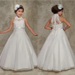 Kids High Collar Flower Girl Dresses 2020 Appliqued Lace Buttons Back Formal Little Girls Pageant Party Gown First Communion Dress AL5328