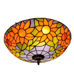 Medelhavet Tiffany Barock Stil Taklampa Stained Glass Pastoral Round Art LED-lampa för vardagsrum Sovrum Aisle taklampa