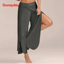 Capris dunayskiy chiffon oregelbundna sidobyxor kvinnor kausal bred ben split byxor kvinnlig solid elastisk wasit lösa byxor ny ankomst mx1