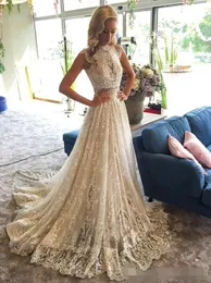 2019 High Neck A Line Wedding Dresses Cap Sleeves Sweep Train Lace Applique Garden Wedding Bridal Gown Custom Made vestido de novia