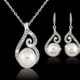 Nyaste kvinnor Crystal Pearl Pendant Necklace Earring Jewelry Set 925 Silver Chain Necklace Jewelry 12pcs Sale HJ243