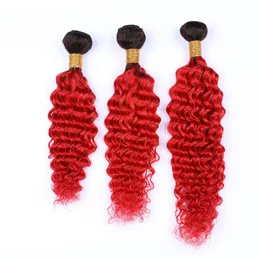 Bright Red Ombre Loose Wave Weave Bundles Wavy Malaysian Virgin Hair 3Pcs Lot #1B/Red Ombre Human Hair Weaves Extensions Dark Rooted 10-30"