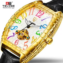 TEVISE Männer Quadratisches Zifferblatt Design Automatische Uhr Lederband Mechanische Uhr Tourbillon Sport Militär Uhr