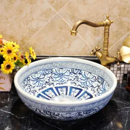 Chinesische Waschbecken Schiffs-Waschbecken Jingdezhen Art-Theke-Top-Keramik-Waschbecken-Spüle Porzellan-Waschbecken Blau und Weiß