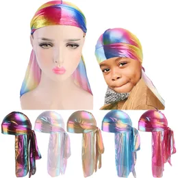 2Pcs Adult Kids Durag Laser Long Tail Cap Unisex Child Wigs Doo Rag Bandana Turban Biker Headwrap Chemo Cap Pirate Hat Men Women