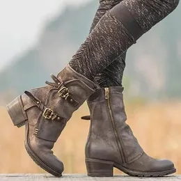 Mulheres Motorcycle botas de couro Buckle Botas para mulheres Heel Tamanho Grande Side Zipper Ladies Cavaleiro Botas zapatos de mujer