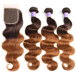 Brasilianska Virgin Human Hair Buntar med Closure Body Wave 2 Tone Ombre 4/30 Bundles Wave 3 buntar med 4 * 4 spetsslutning