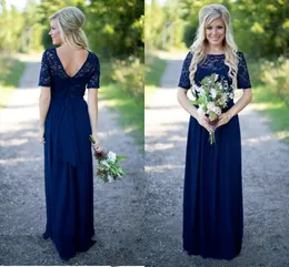 Bridesmaid Country Dresses Navy Blue Sequins Chiffon Short Sleeves Illusion Lace Floor Length Maid Honor Gowns Wedding Guest Dress