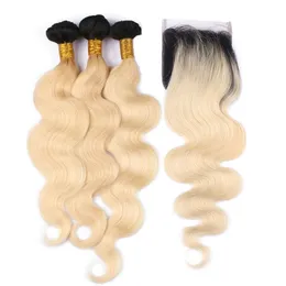 # 1B / 613 Blondynka Ombre Indian Virgin Ciało Wave Ludzkie Wiązki Włosów Z Zamknięcie Falisty Ombre Blonde Weave Wefts Z 4x4 Koronki Kawałek Zamknięcie