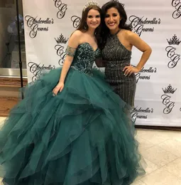 Lovely Hunter Green Beaded Ball Gown Quinceanera Dresses Sweetheart Neck Crystals Prom Gowns Rhinestones Tulle Tiered Sweet 16 Dress 407