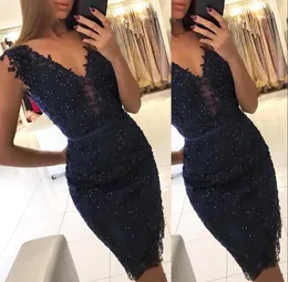 Cheap Navy Blue Homecoming Dresses Deep V Neck Lace Appliques Beaded Knee Length Short Mini Sheath Plus Size Party Graduation Tail Gowns