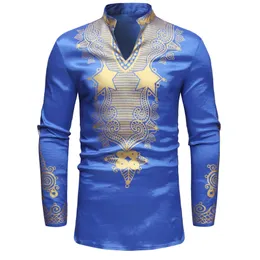 Men Shirt African Style Clothing Men's Clothing Africa Dashiki Traditional National Hot gold Printed Long-sleeved Shirt