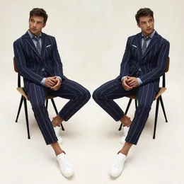 Män Tuxedos Groom Wedding Suits Handsome Navy Striped Slim Fit One Button Mens Suit 2 Pieces Coat Byxor (Jacka + Byxor)