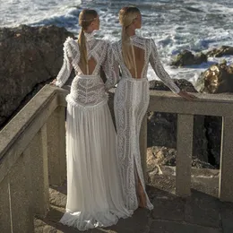 Charchy 2020 Beach Wedding Dresses High Neck Long Sleeve Lace Appliqued Bridal Gowns Vestidos de Novia Illusion Beach Wedding dres229Q